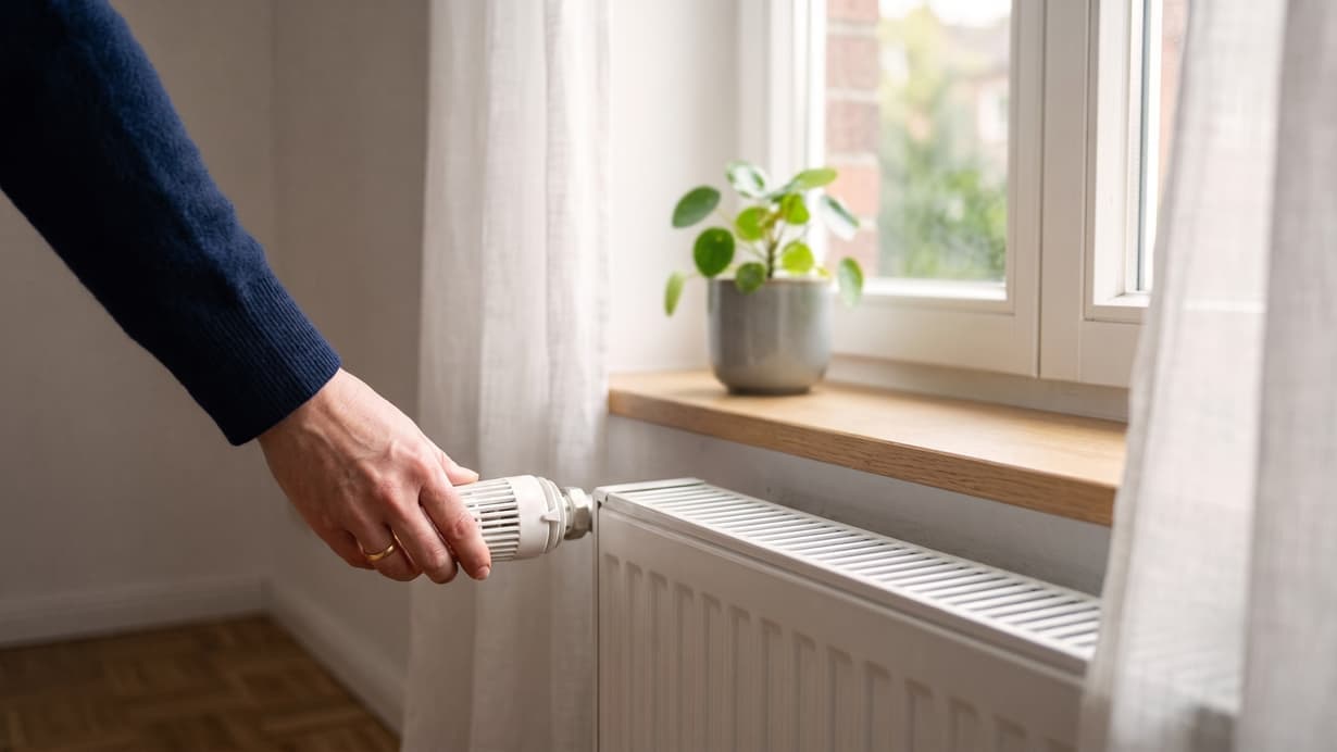 Hand stellt das Thermostatventil eines weißen Heizkörpers neben einem Fenster mit Zimmerpflanze ein