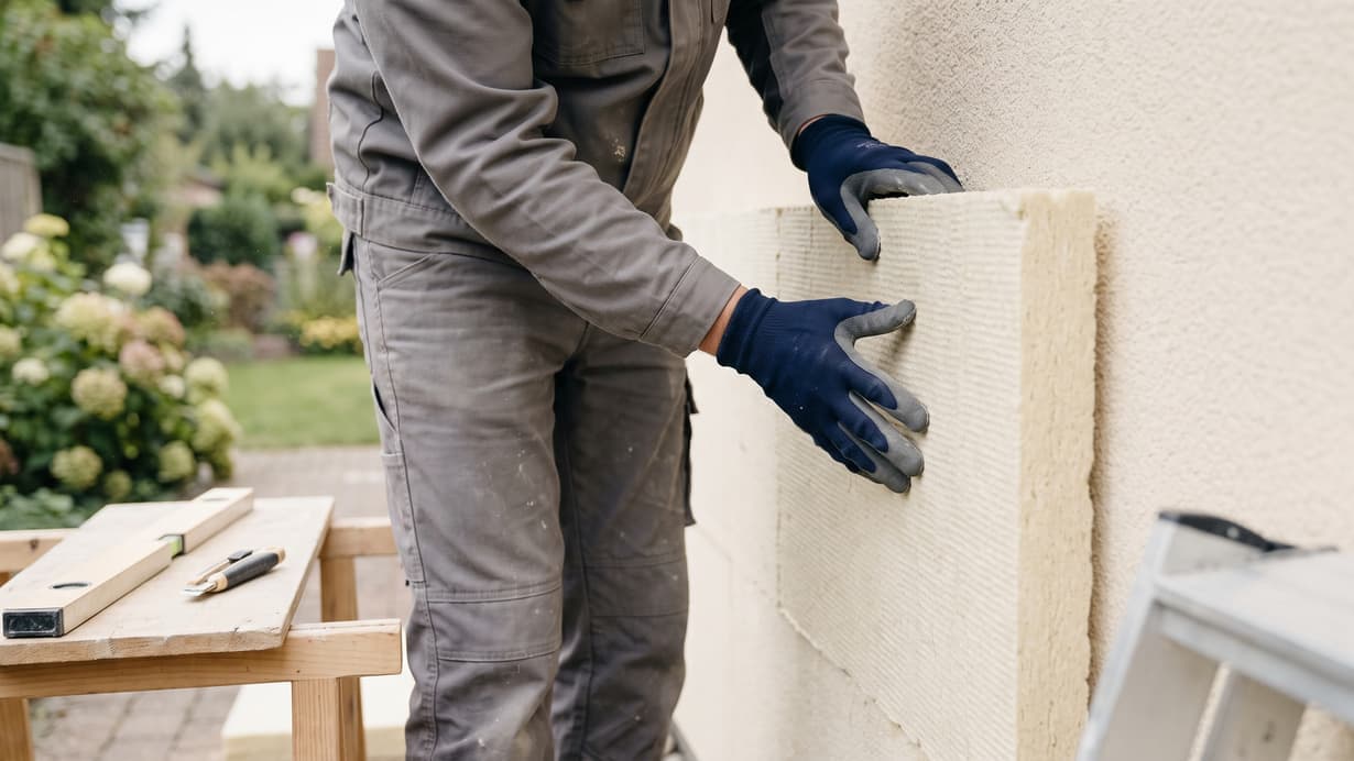 Handwerker in Arbeitskleidung bringt eine Dämmplatte an einer verputzten Hausfassade an