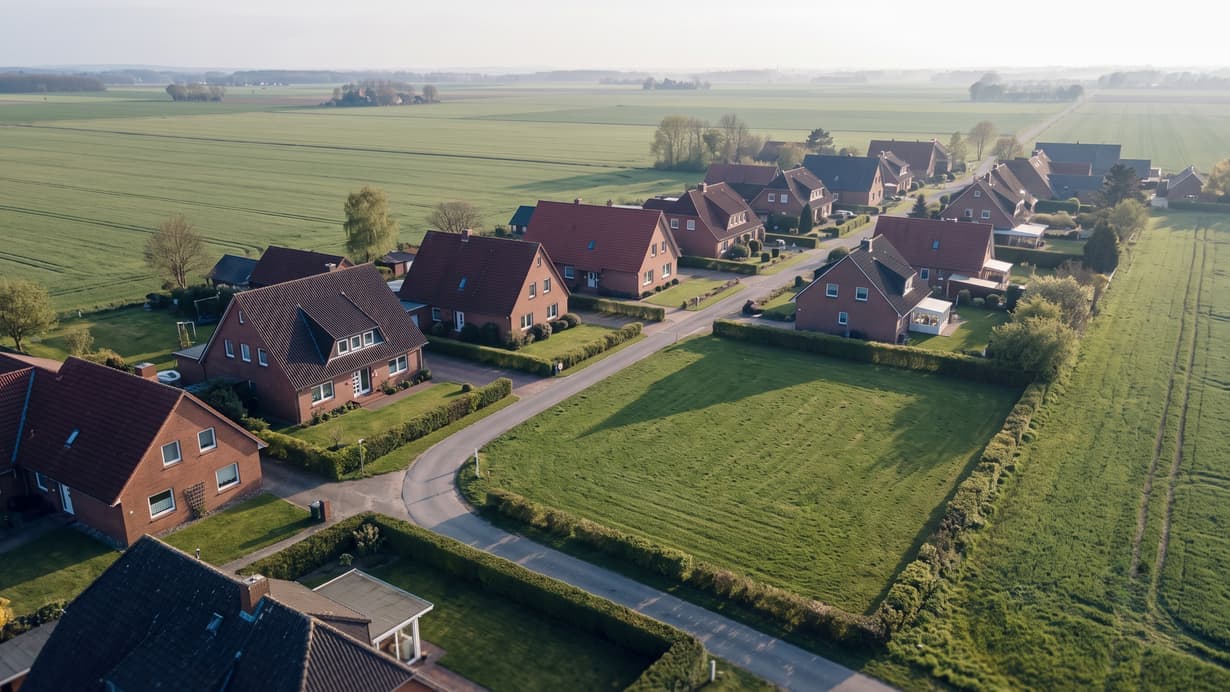 Luftaufnahme einer Dorfrandsiedlung mit roten Hausdächern und einer leeren grünen Baulücke zwischen den Grundstücken