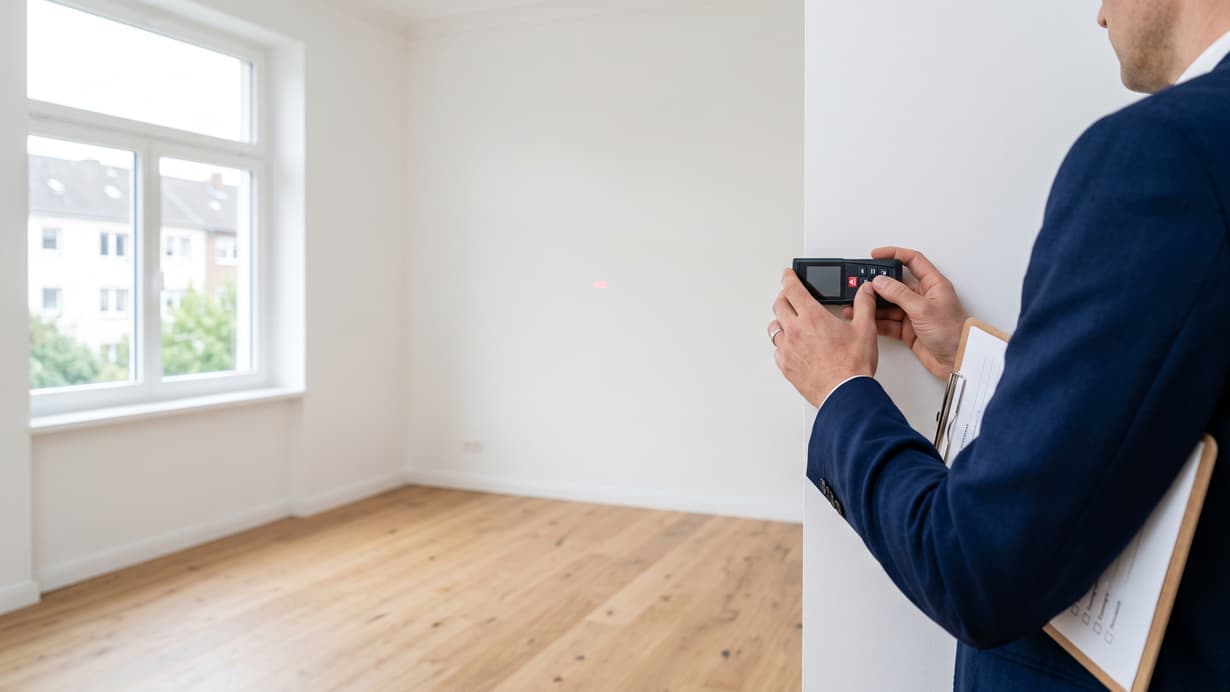 Gutachter im Anzug misst mit einem Laser-Entfernungsmesser eine leere Wohnung mit Holzboden aus