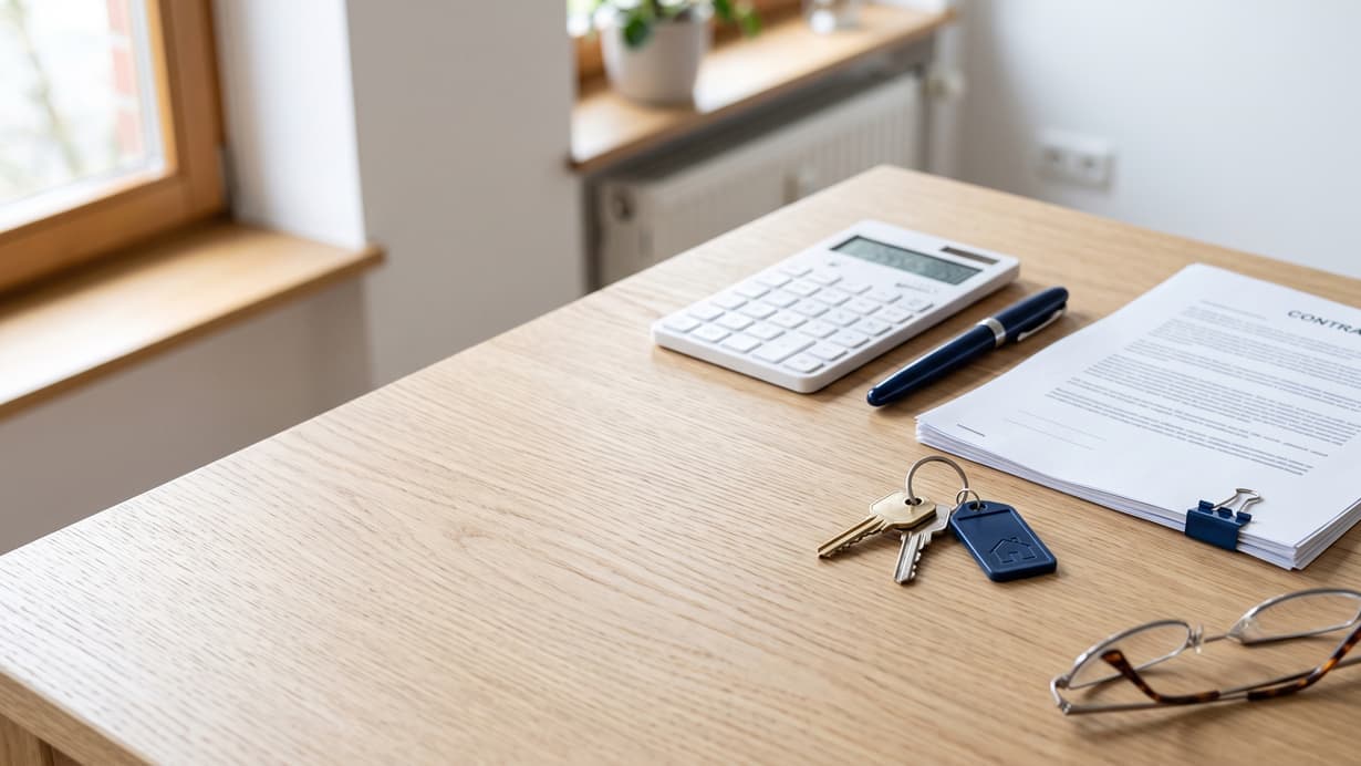 Taschenrechner, Stift, Vertragsunterlagen, Schlüsselbund und Brille auf einem hölzernen Schreibtisch am Fenster