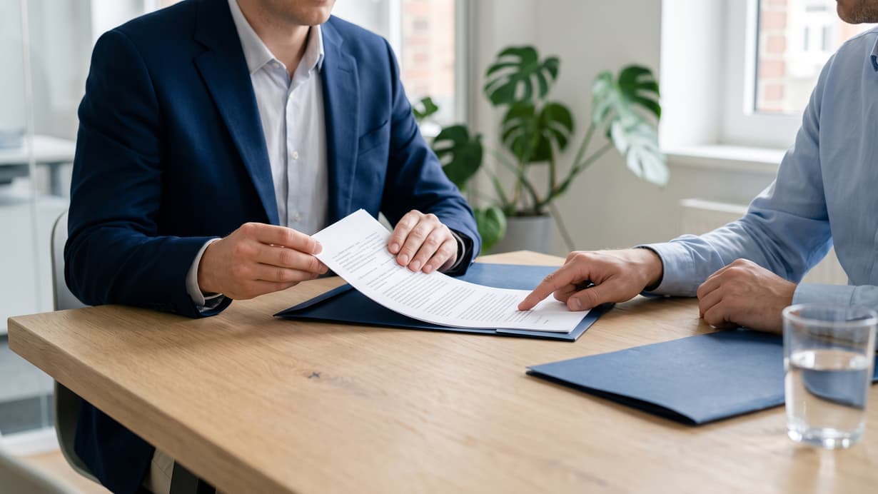 Zwei Personen an einem Tisch besprechen ein Vertragsdokument, eine deutet mit dem Finger auf den Text