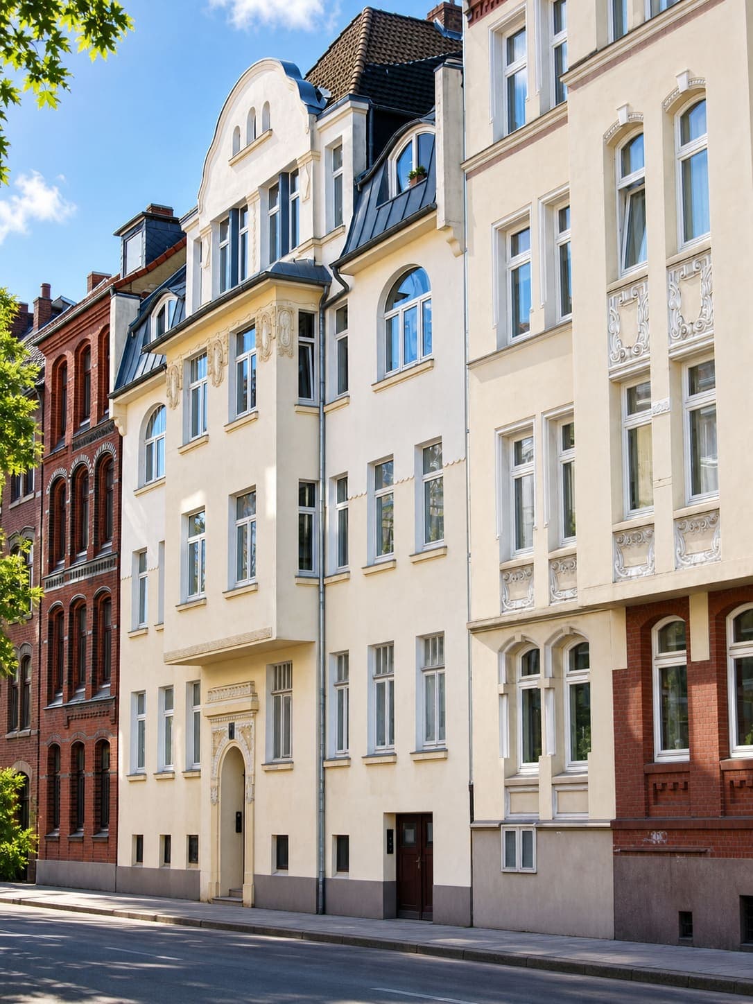 Altbauzeile mit heller Stuckfassade in der Südstadt, Hannover