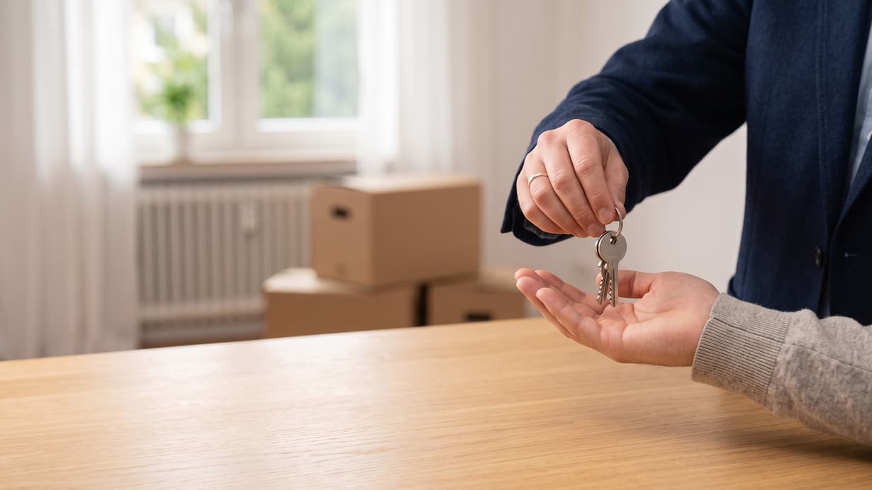 Person überreicht über einen Holztisch einen Wohnungsschlüssel, im Hintergrund Umzugskartons in einem leeren Zimmer