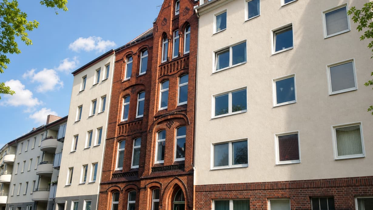 Straßenzeile mit Mehrfamilienhäusern, in der Mitte eine rote Klinker-Altbaufassade mit Giebel unter blauem Himmel